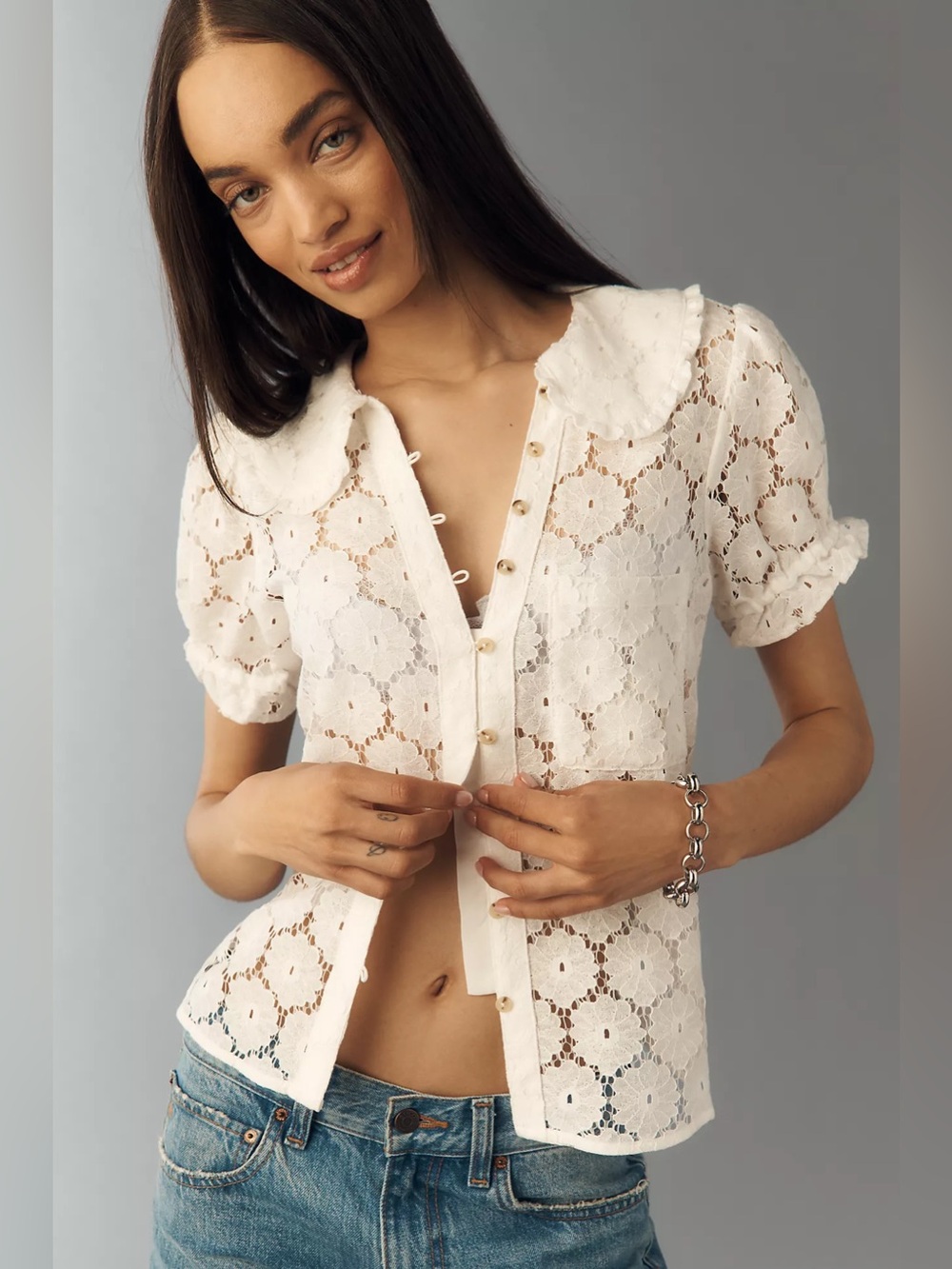 Pilcro The Keira Collared Button-Front Blouse: Lace Edition